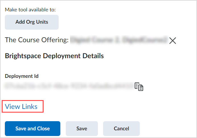 Brightspace View Links Under the Brightspace Deployment Details heading, the View Links link is highlighted.